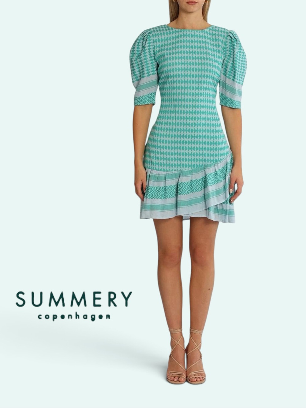 Summery Copenhagen Green Holly Puff Sleeve Asymmetric Ruffle Mini Dress S NWOT